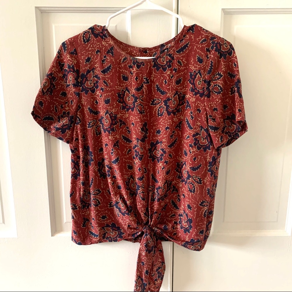 Madewell Silk tie front/button back top